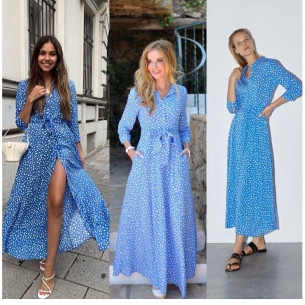 Blogger Favorite Zara The Marilyn Blue Polka Dot Button Down Shirt Maxi Dress